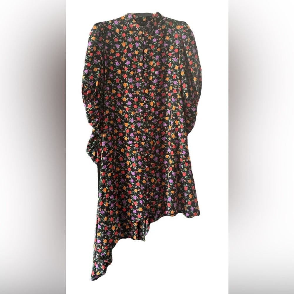 The Kooples Asymmetrical Black Dress with Vibrant Floral Design